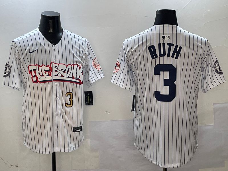 Men New York Yankees #3 Ruth White Stripe four generations Joint Name 2025 Nike MLB Jersey style 4->new york yankees->MLB Jersey